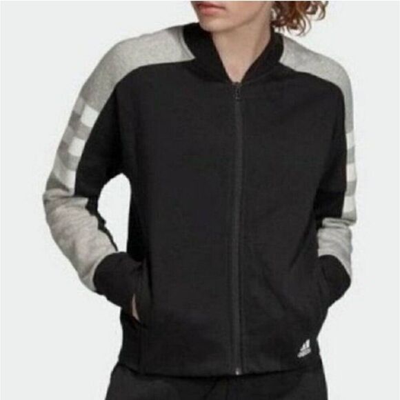 Adidas Women's Jacket Small Sport ID Bomber 3-Stripes Black & Gray Full Zip - Picture 1 of 7